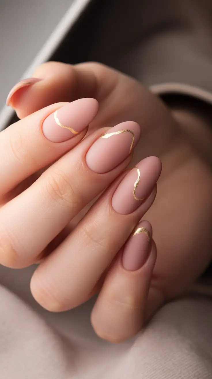 neutral fall nails Matte Rose with Gold Waves