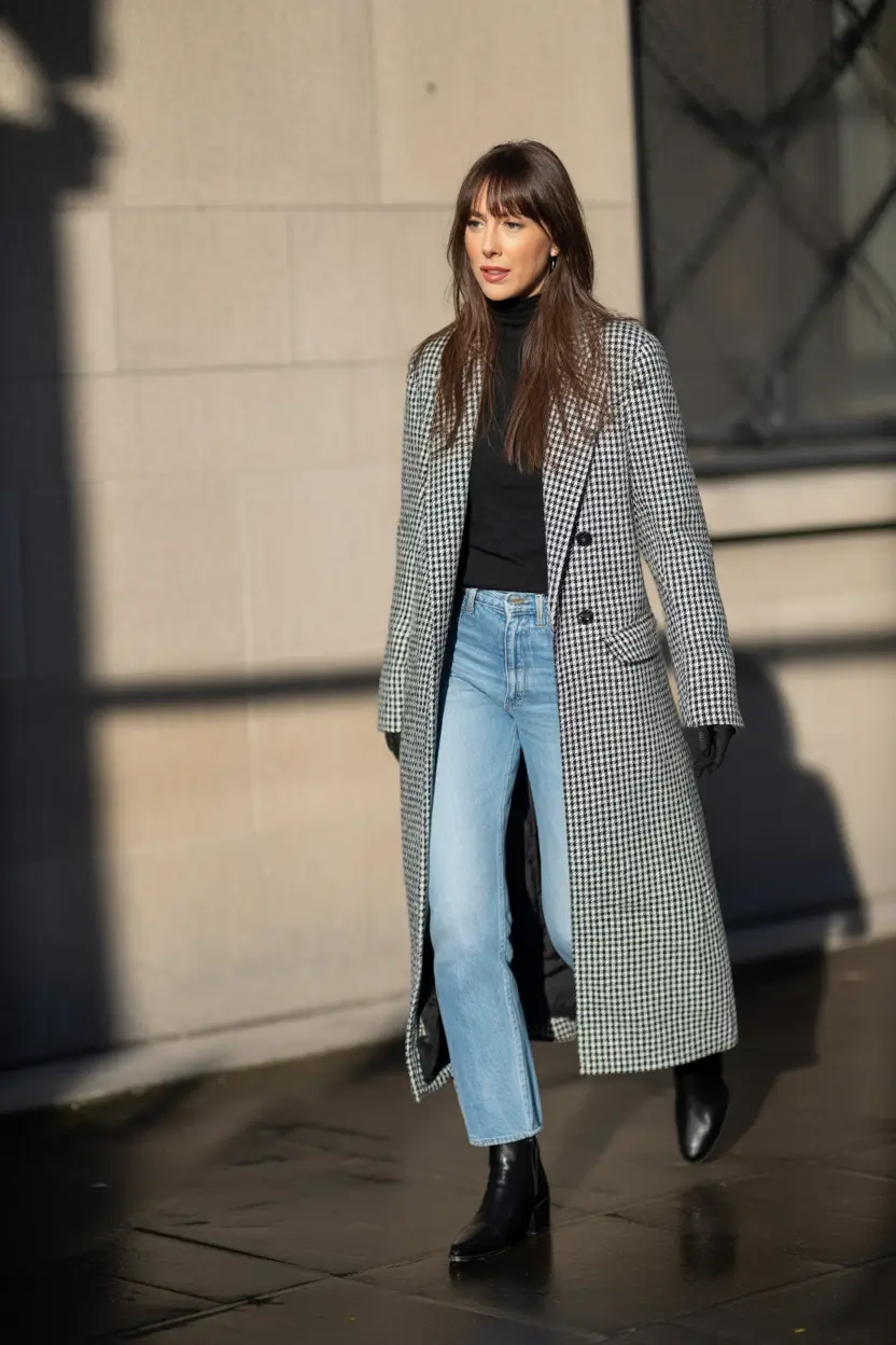 everyday fall outfits Sharp Checks and Light Denim