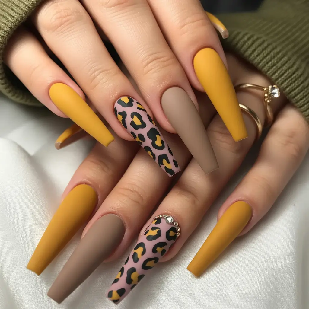 fall coffin nail - Mustard Matte with Leopard Accents