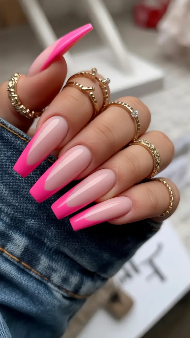 fall coffin nail - Neon Pink Melt French