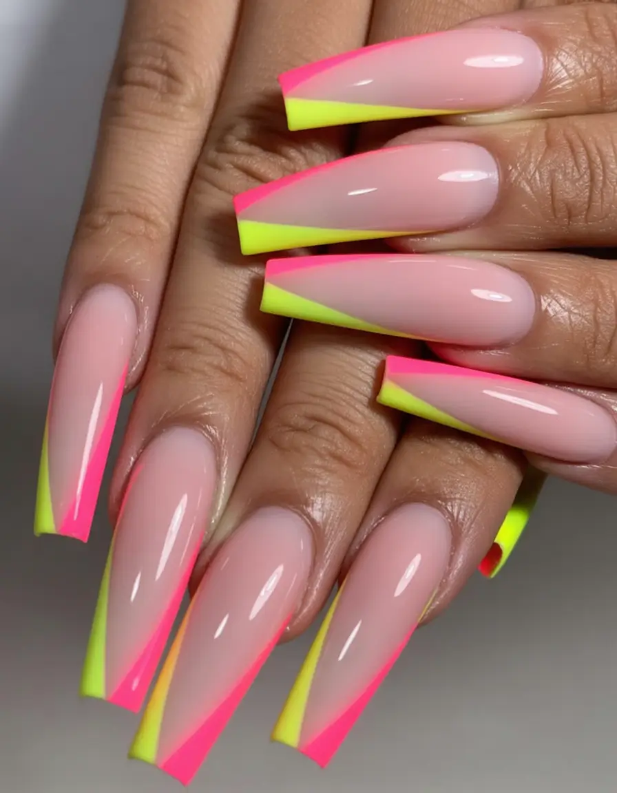 fall coffin nail - Hot Pink x Lime Split French