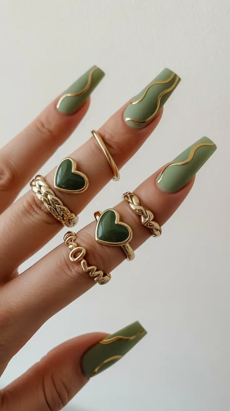 fall coffin nail - Sage Matte with Liquid-Gold Waves