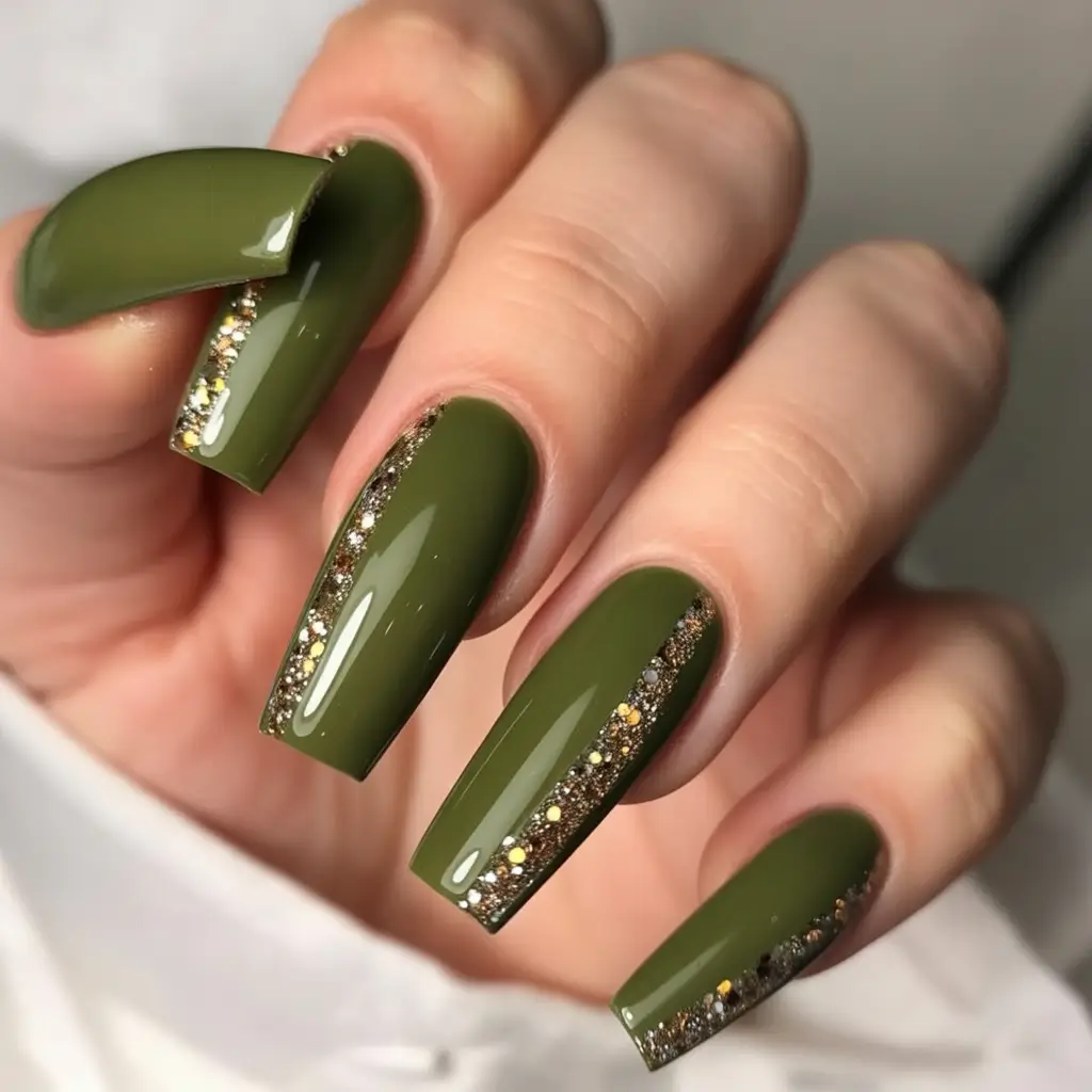 fall coffin nail - Olive Gloss with Bronzed Side Sparkle