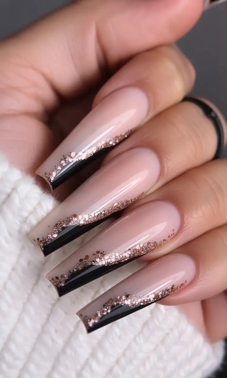 fall coffin nail - Rose-Gold Swoop French on Nude & Ink