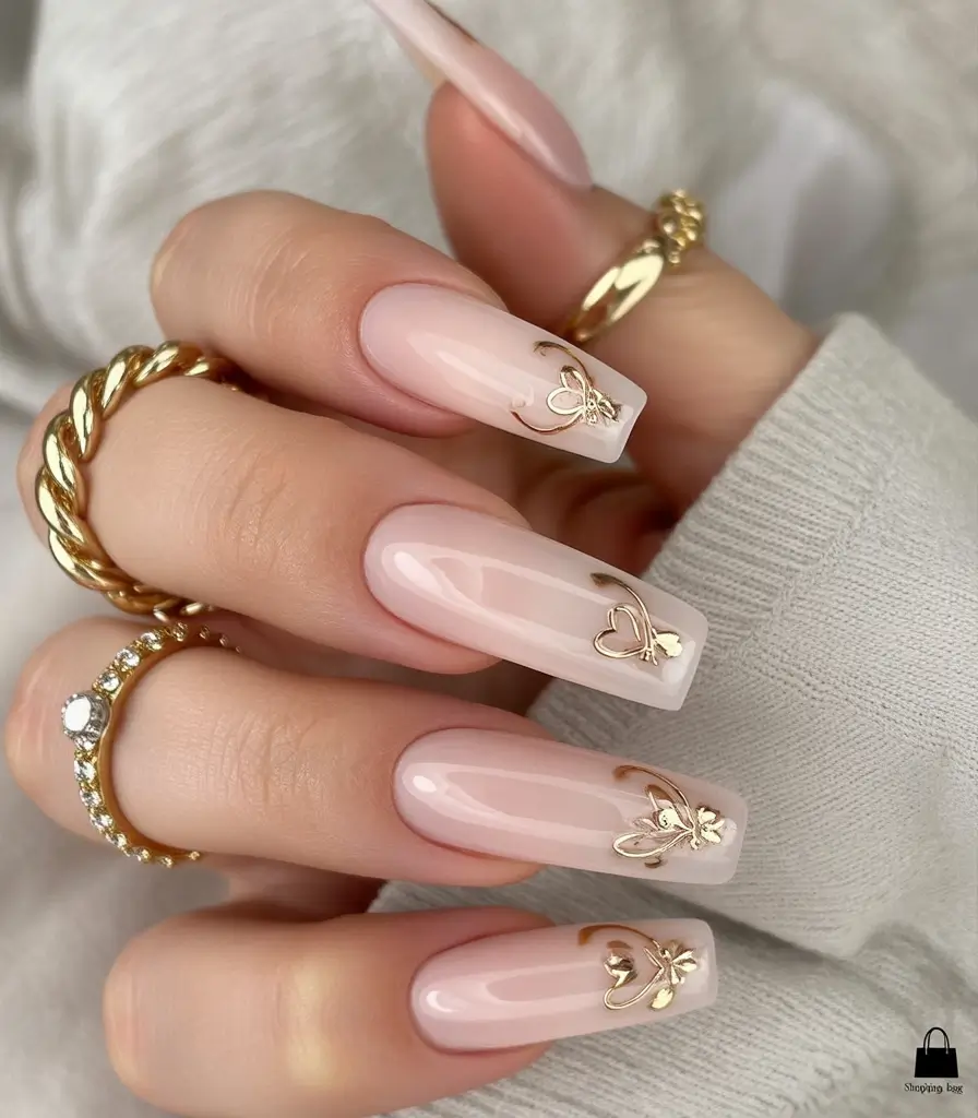 fall coffin nail - Milky Petals with Gold Charms