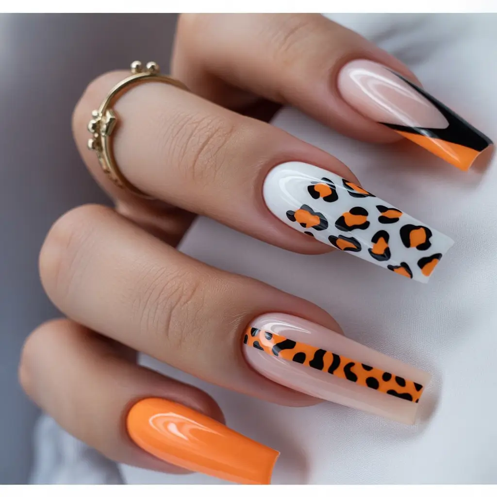 fall coffin nail - Crisp White & Pumpkin Leopard