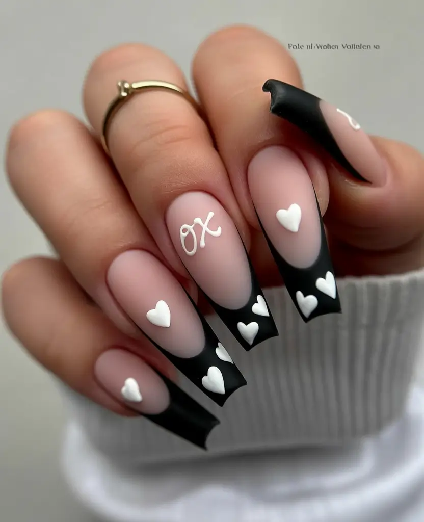 fall coffin nail - Matte Ink French with Puffy Hearts