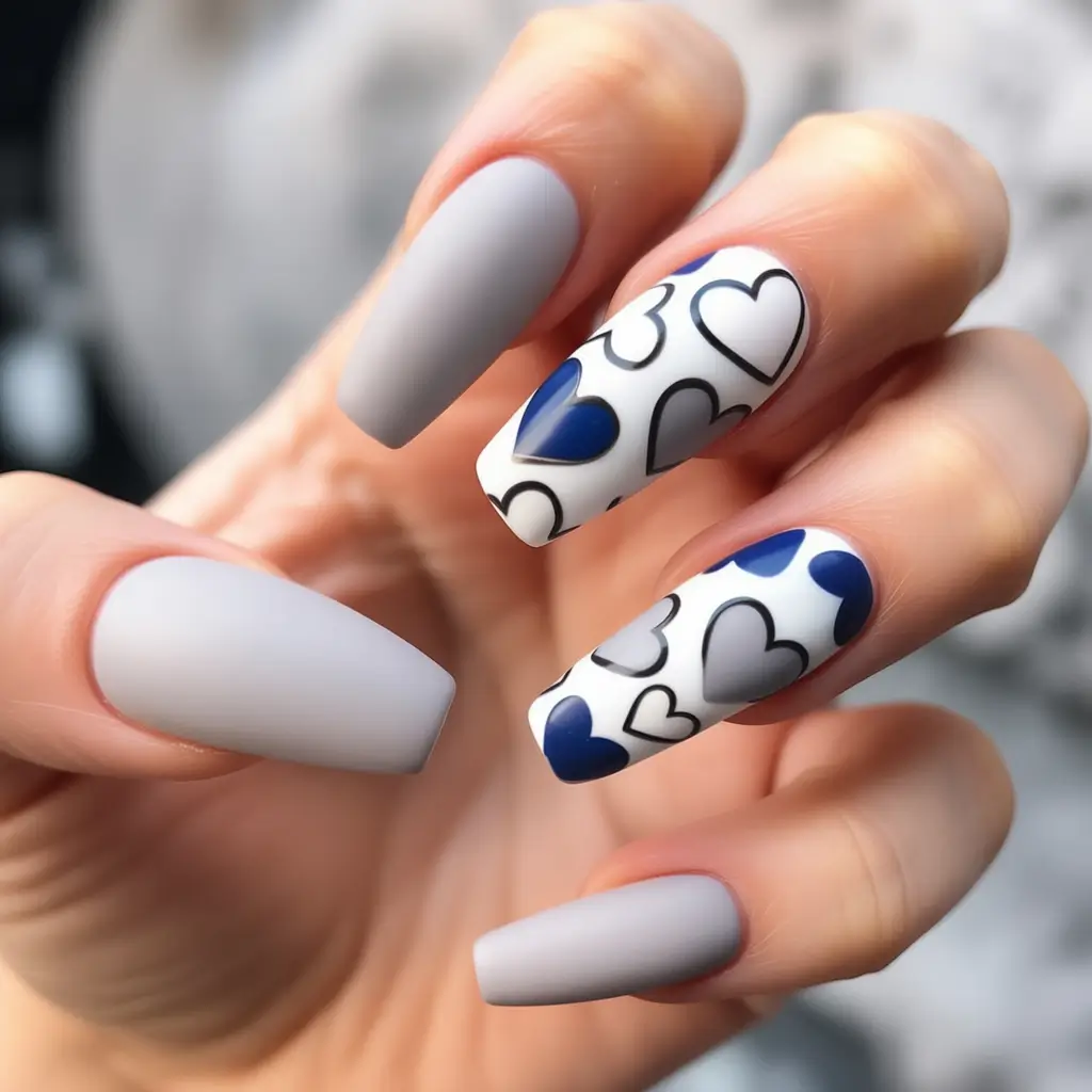 fall coffin nail - Slate Matte with Navy Hearts