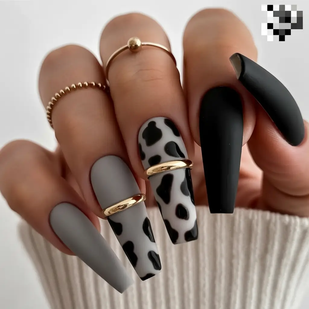 fall coffin nail - Greyscale Cowprint with Gold Cuffs