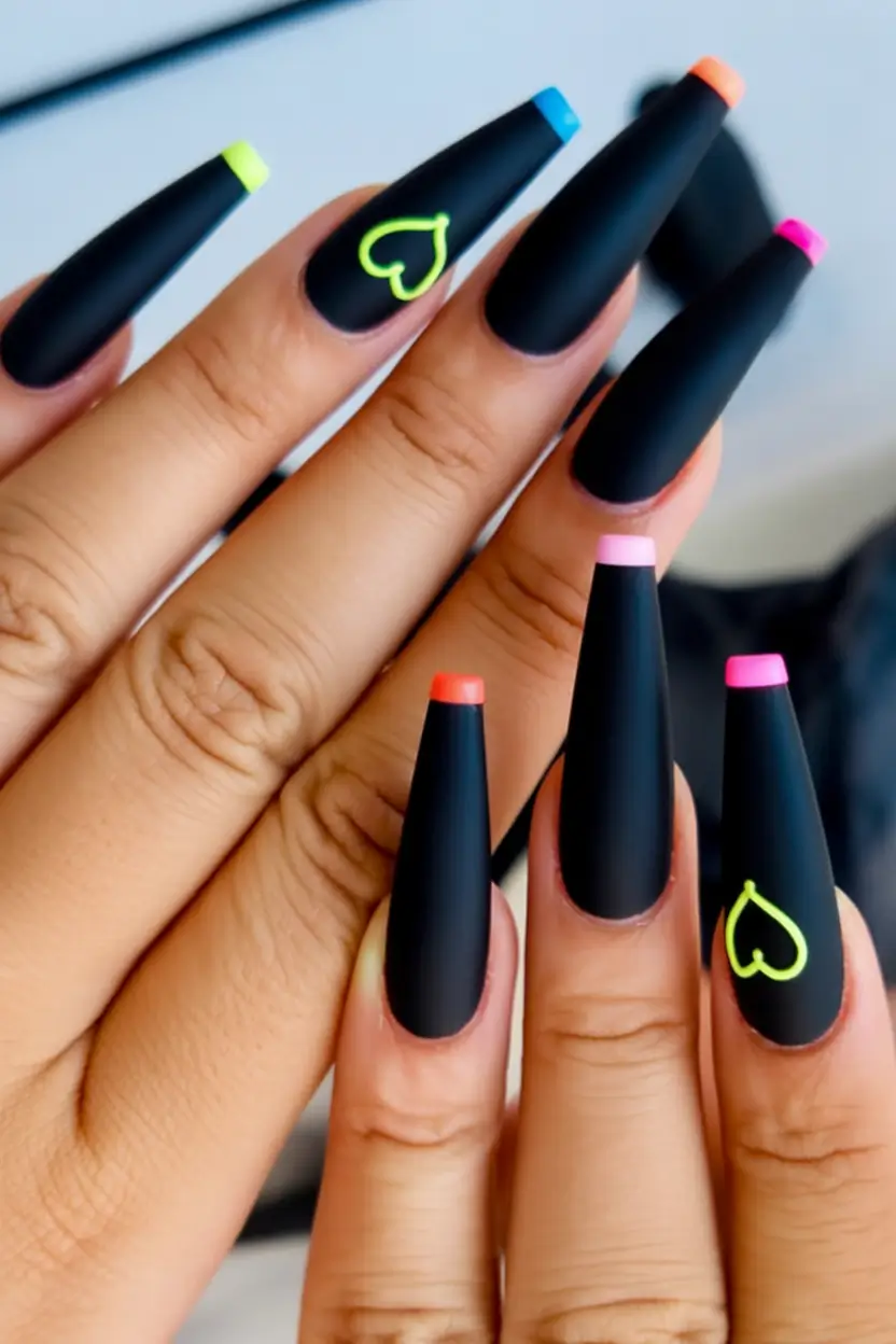 fall coffin nail - Matte Black with Neon Micro French