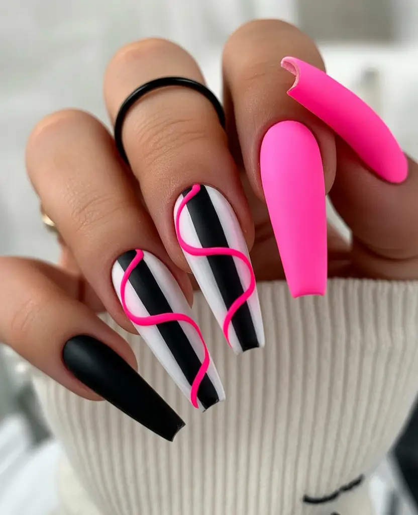 fall coffin nail - Neon Piping on Monochrome