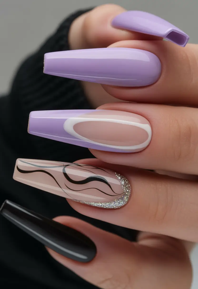 fall coffin nail - Lavender Smoke with Silver Crescent