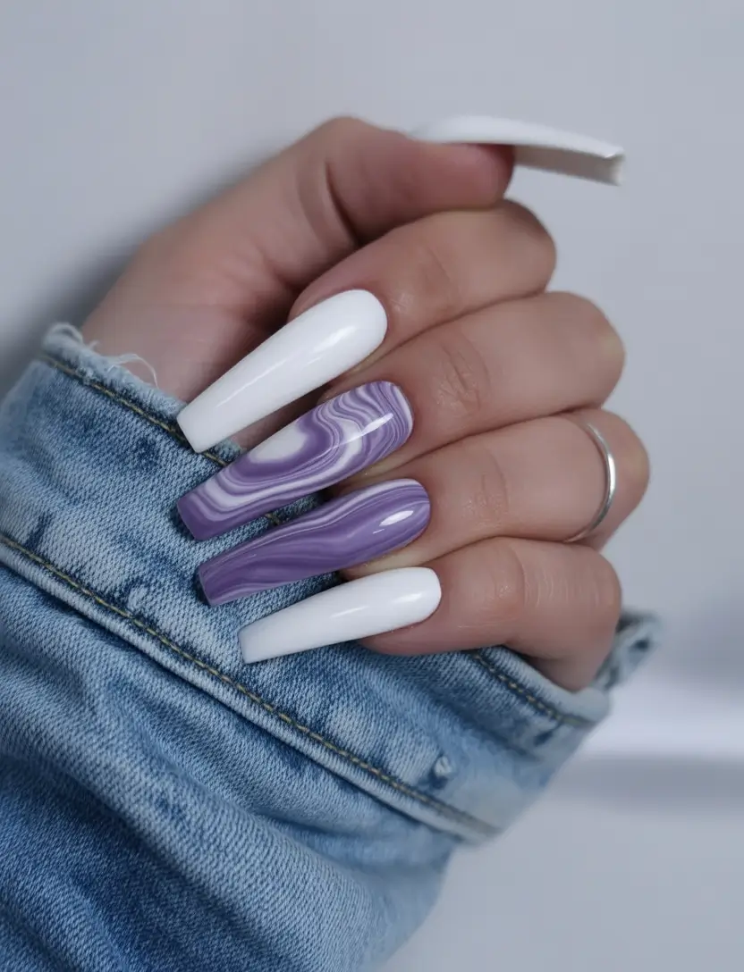 fall coffin nail - Iced Lilac Agate with Clean White