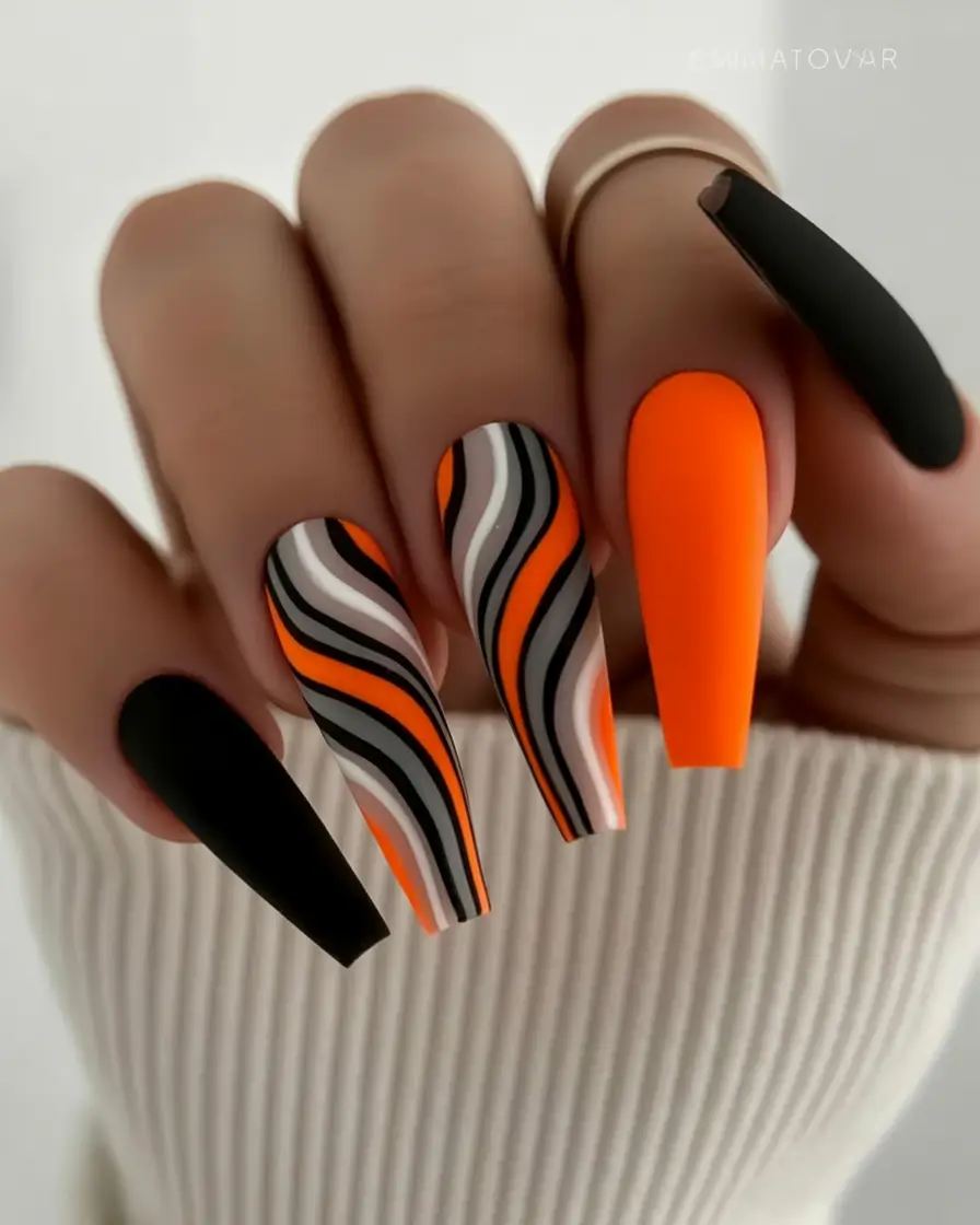fall coffin nail - Matte Charcoal & Pumpkin Waves