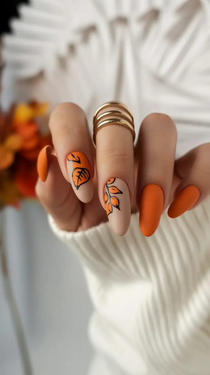 fall gel nails Earthy Orange with Autumn Leaf Art