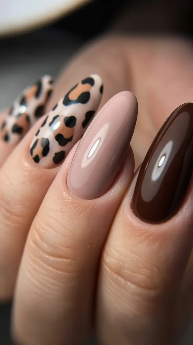 fall gel nails Neutral Leopard and Coffee Bean Tones