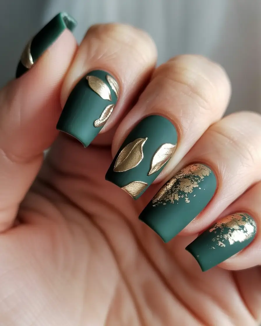 fall gel nails Emerald Matte with Gold Leaf Accents