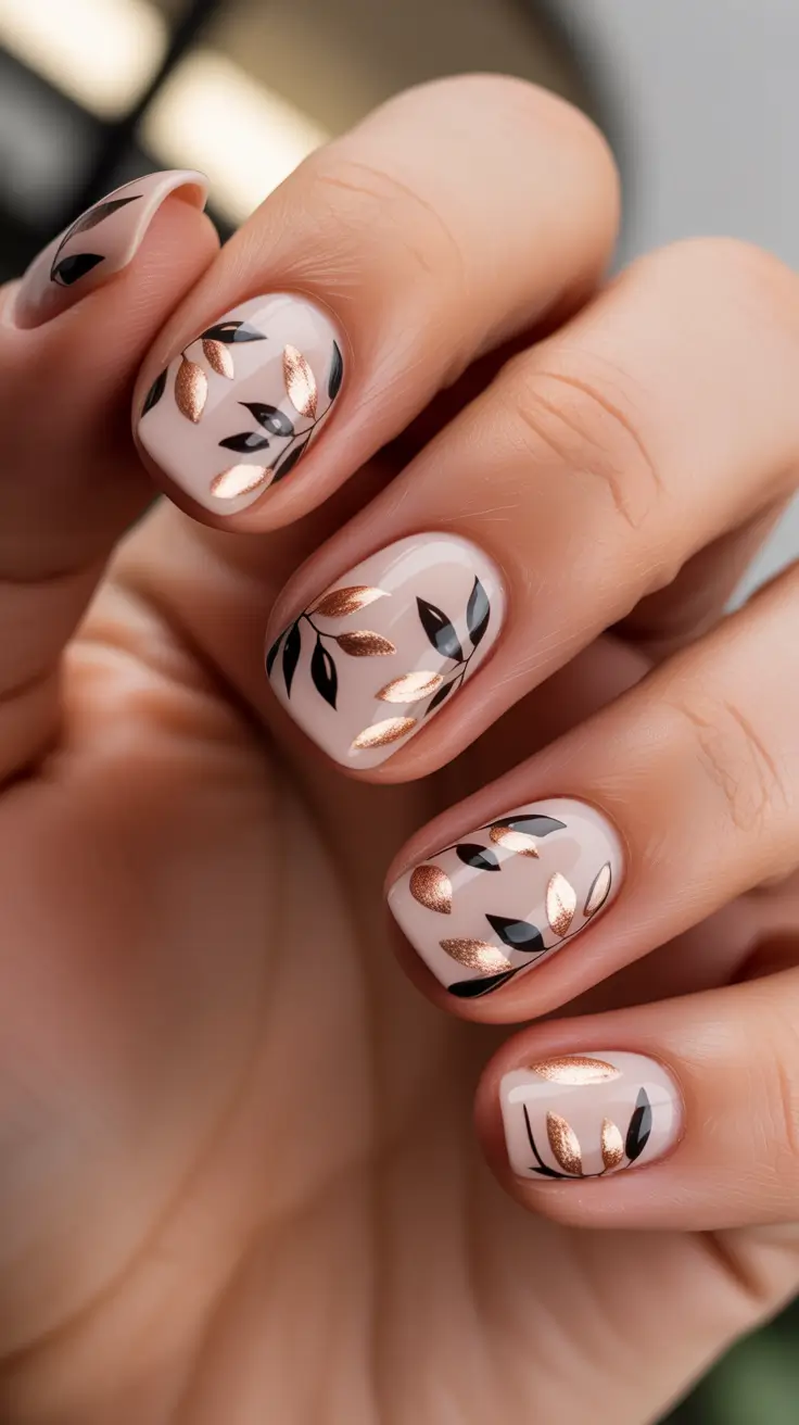 fall gel nails Short Neutrals with Rose Gold Foliage