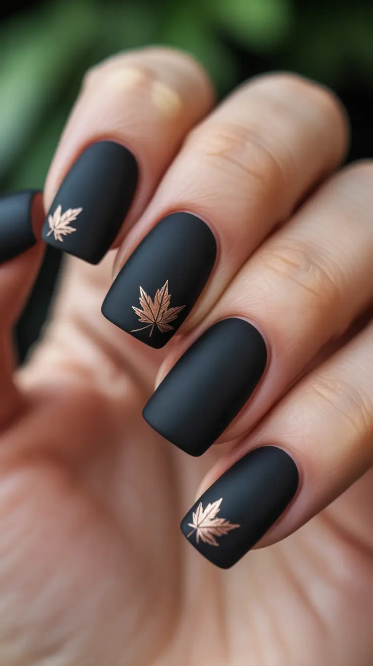 fall gel nails Matte Black with Subtle Maple Accents