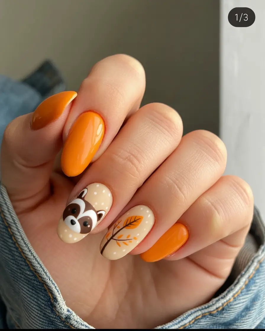 fall gel nails Whimsical Autumn Orange with Woodland Motif