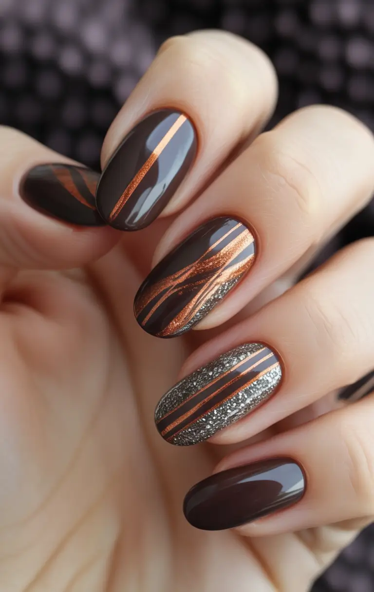 fall gel nails Copper Stripes and Glitter on Chocolate Base