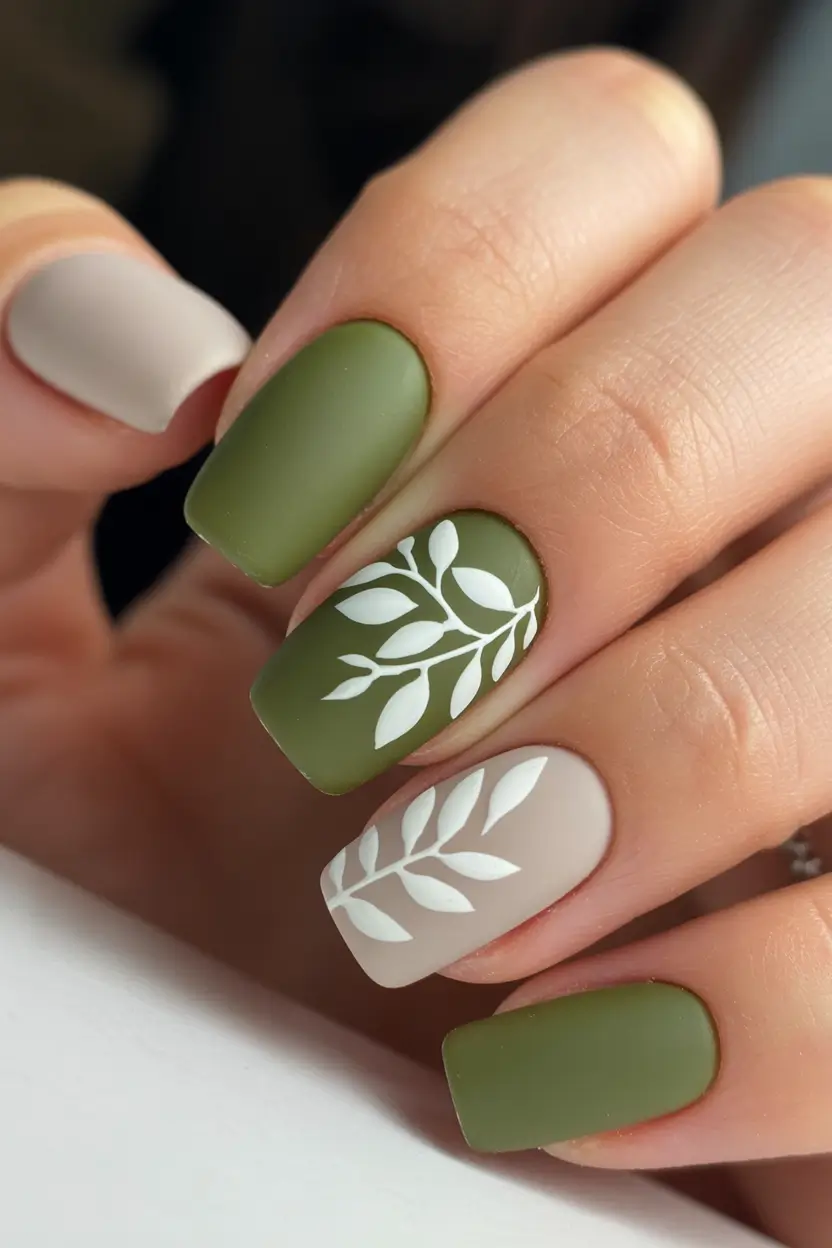 fall gel nails Matte Olive and Beige with Botanical Detail
