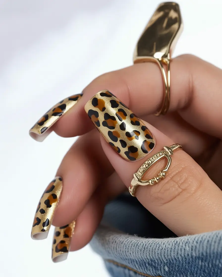 fall gel nails High-Shine Leopard on Gold