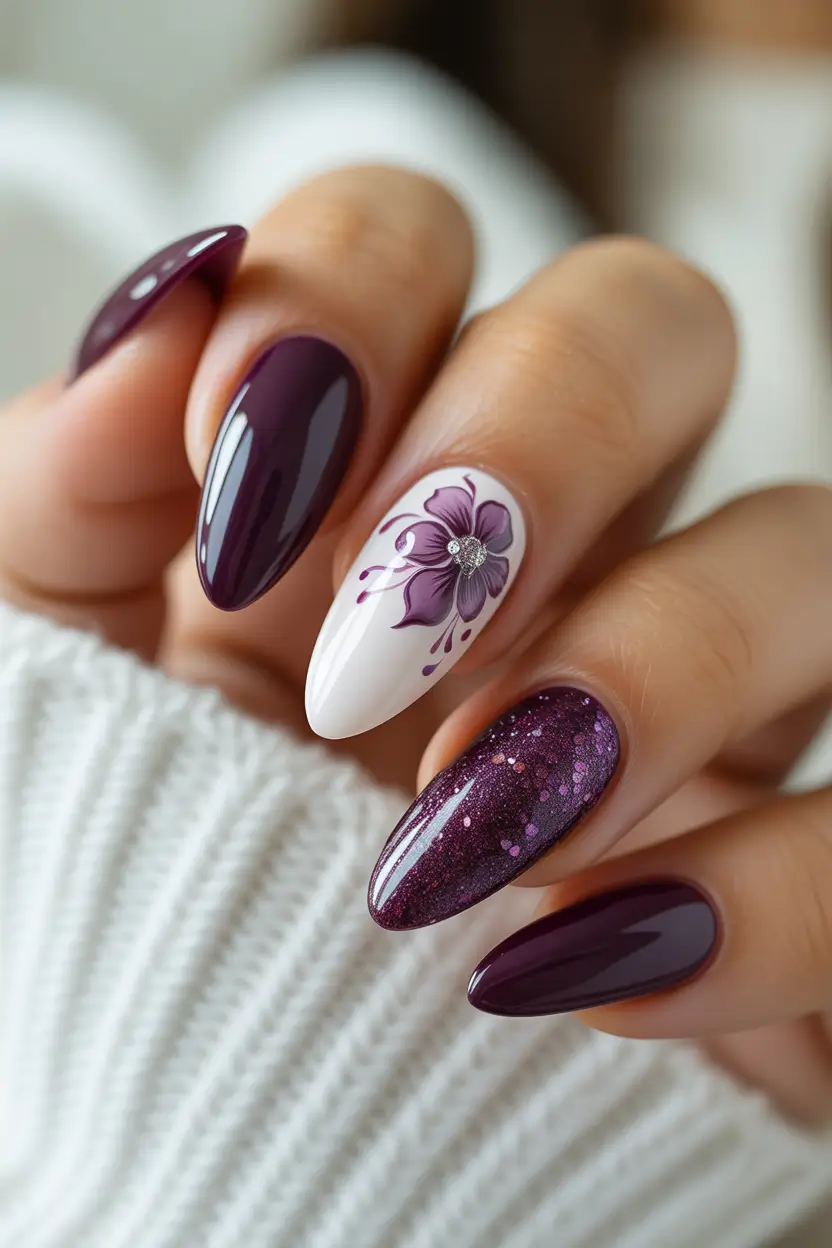 fall gel nails Plum Gloss with Hand-Painted Florals