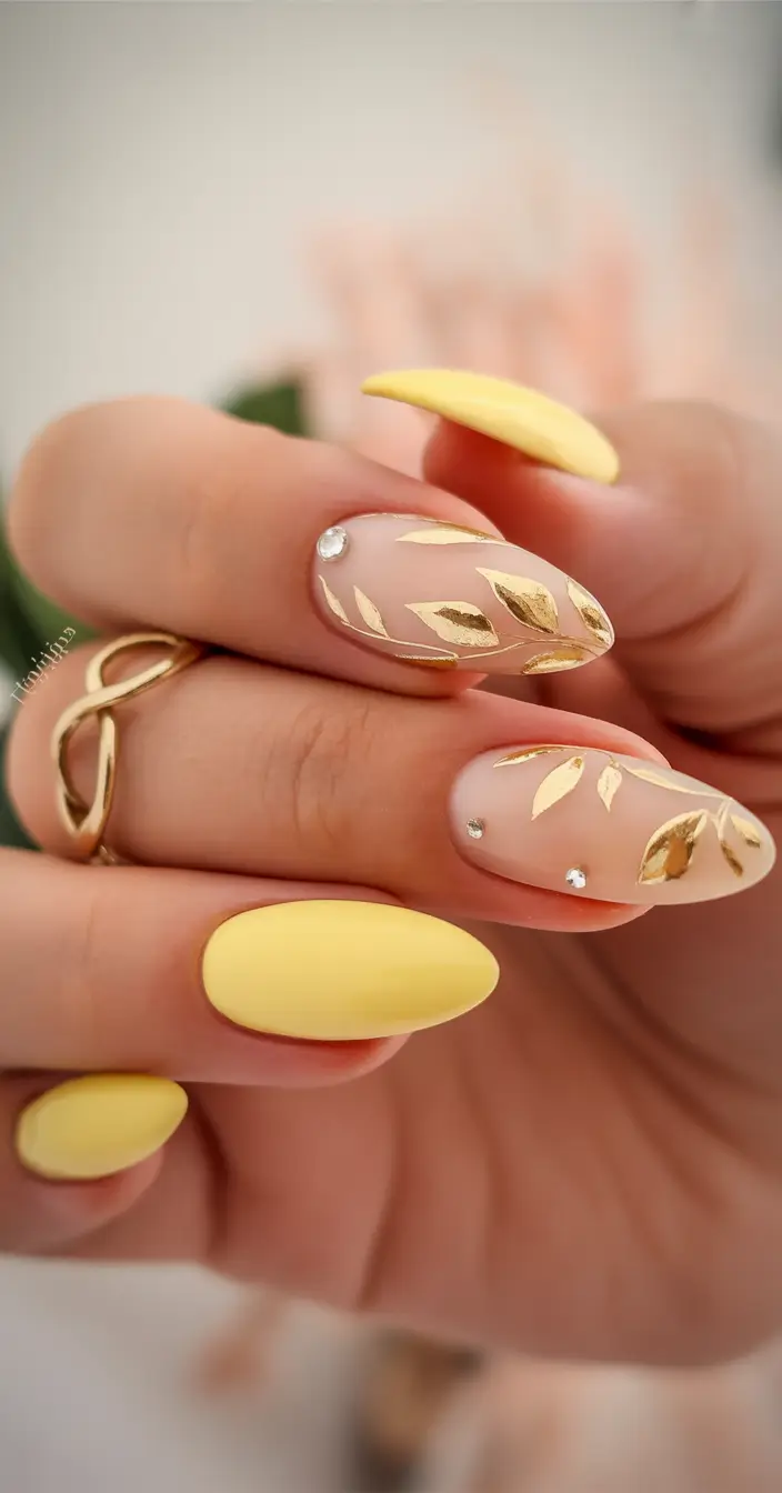 fall gel nails Sun-Kissed Yellow and Gold Foil Leaves