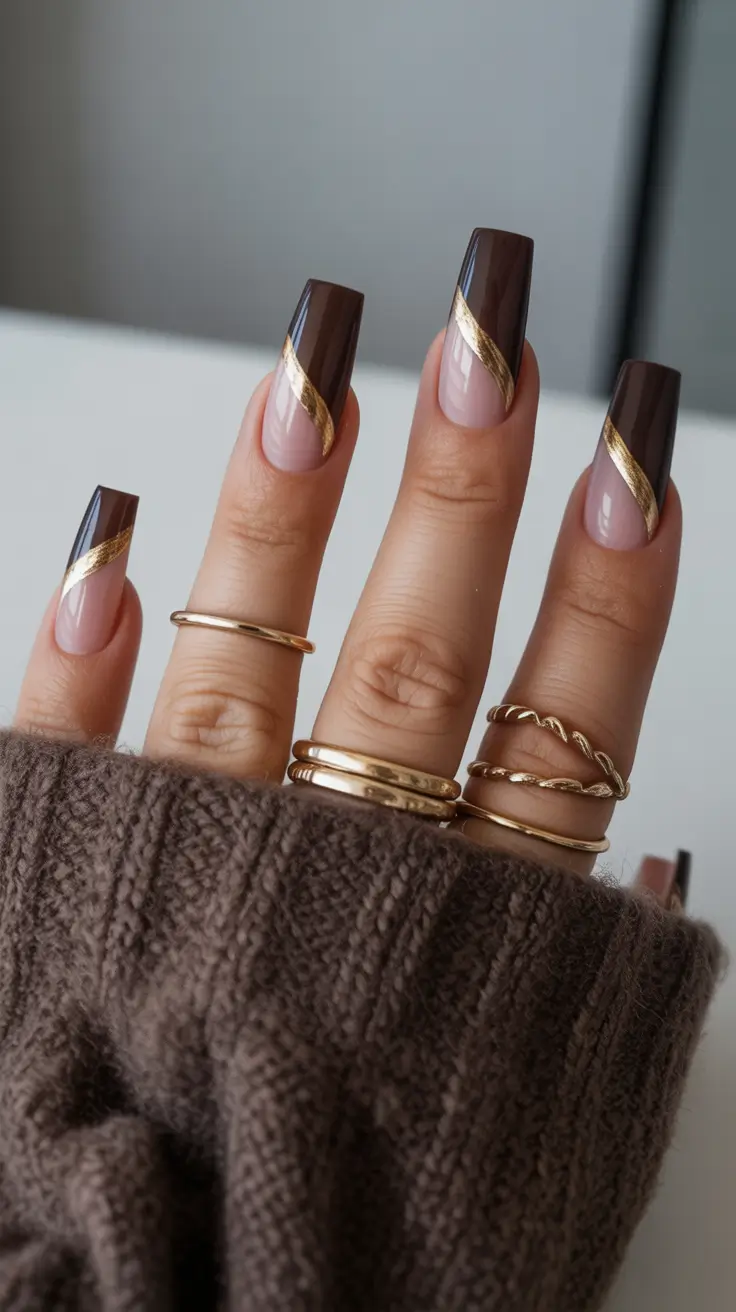 fall gel nails Glossy Chocolate with Gold Diagonal Accents