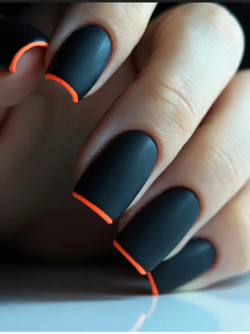 fall gel nails Matte Black with Neon Micro-French