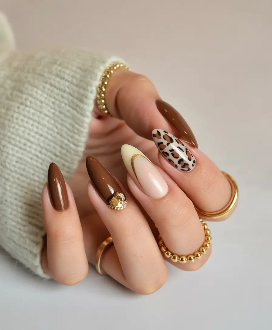 fall gel nails Brown Mix-and-Match with Gold and Leopard