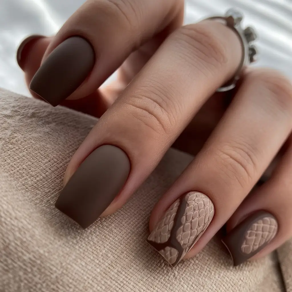 fall gel nails Matte Cocoa with Reptile Texture Accents