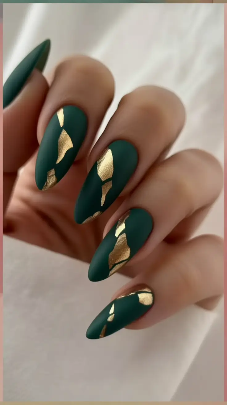 fall green nails Emerald Matte with Gold Leaf Accents