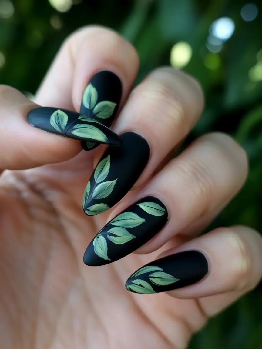 fall green nails Black Matte with Green Botanical Detailing