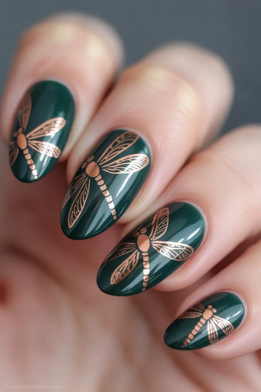 fall green nails Emerald Gloss with Copper Dragonflies