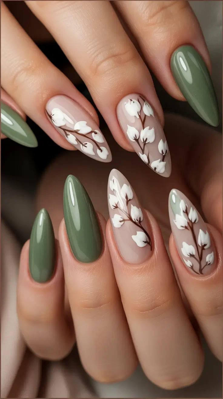 fall green nails Sage and Cotton Blossom Elegance