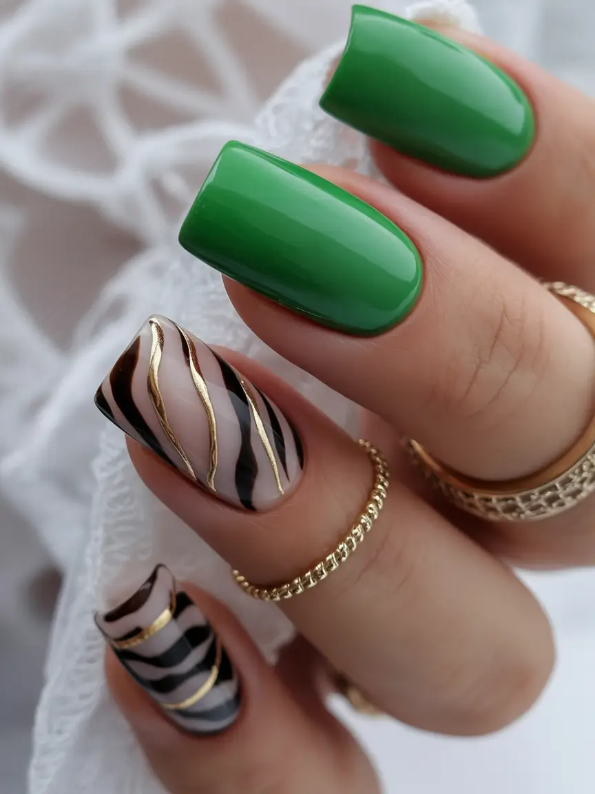 fall green nails Vivid Green with Animal Print Accents