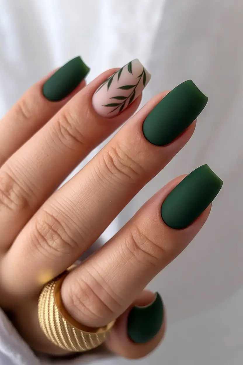 fall green nails Forest Matte with Single Botanical Accent