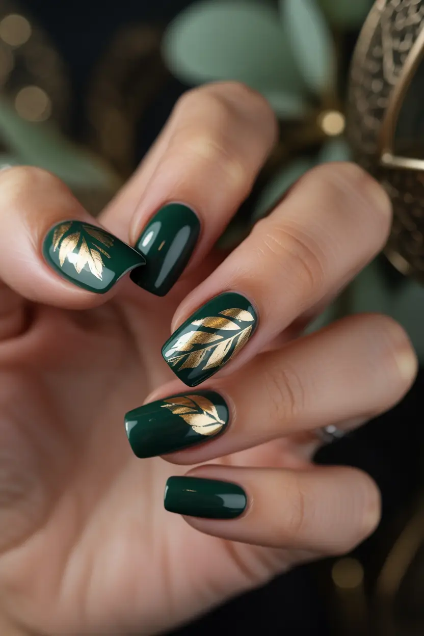 fall green nails Glossy Forest Green with Gold Leaf Motif
