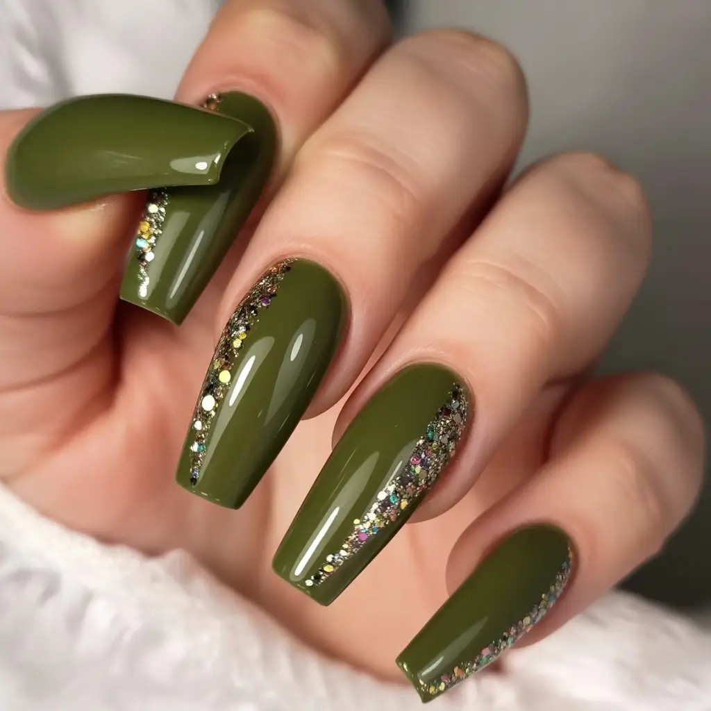fall green nails Olive Green with Glitter Cuticle Accents