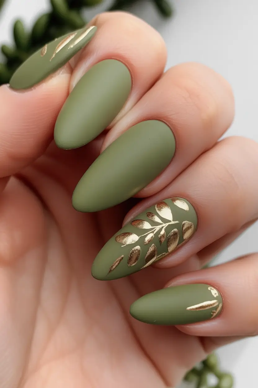 fall green nails Matte Sage with Gold Leaf Branch