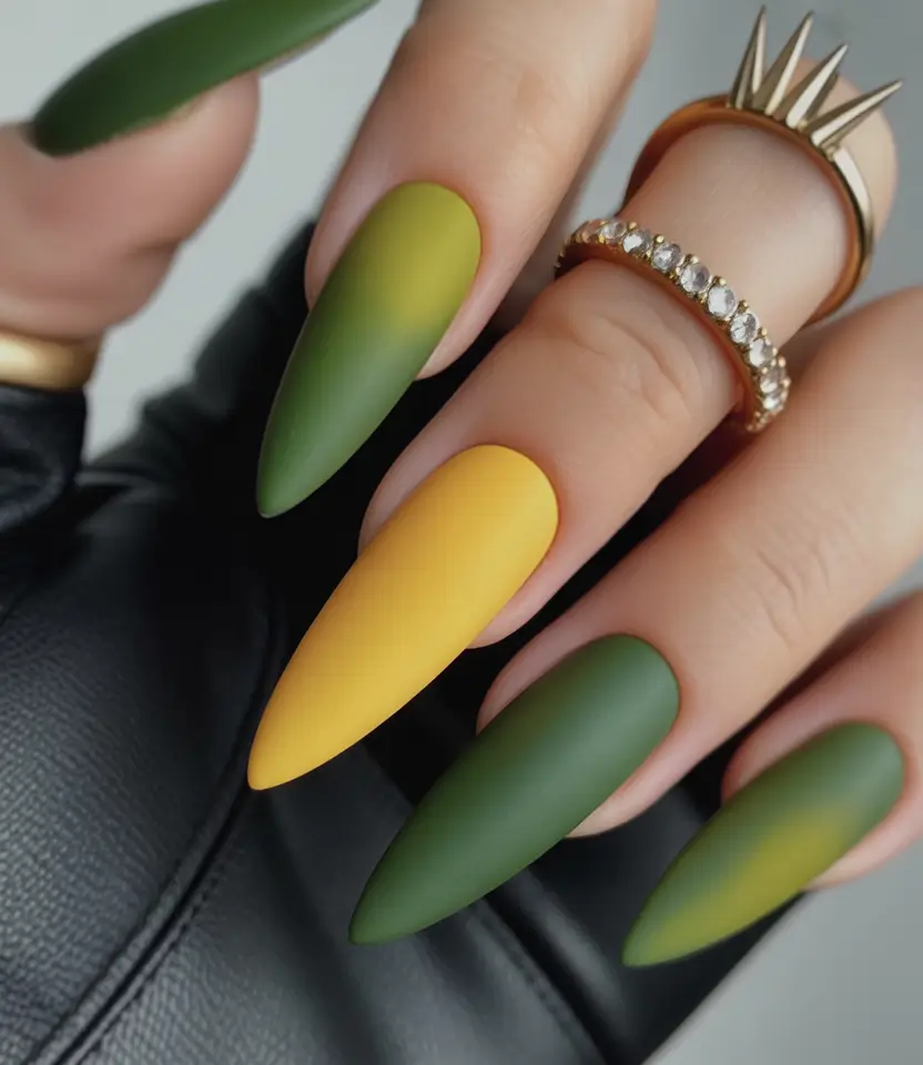 fall green nails Green to Mustard Ombre
