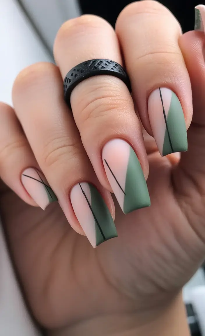 fall green nails Soft Sage Geometrics