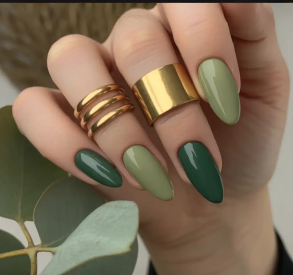 fall green nails Two-Tone Glossy Green