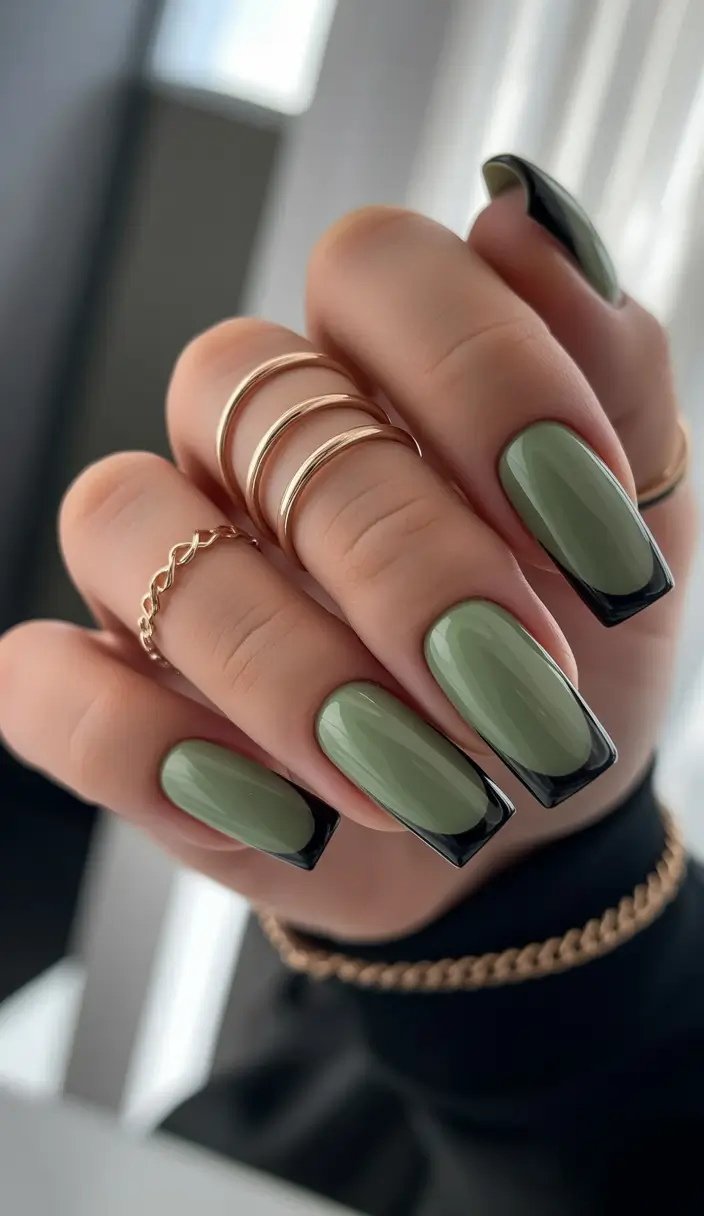 fall green nails Olive French Tip with Black Edges
