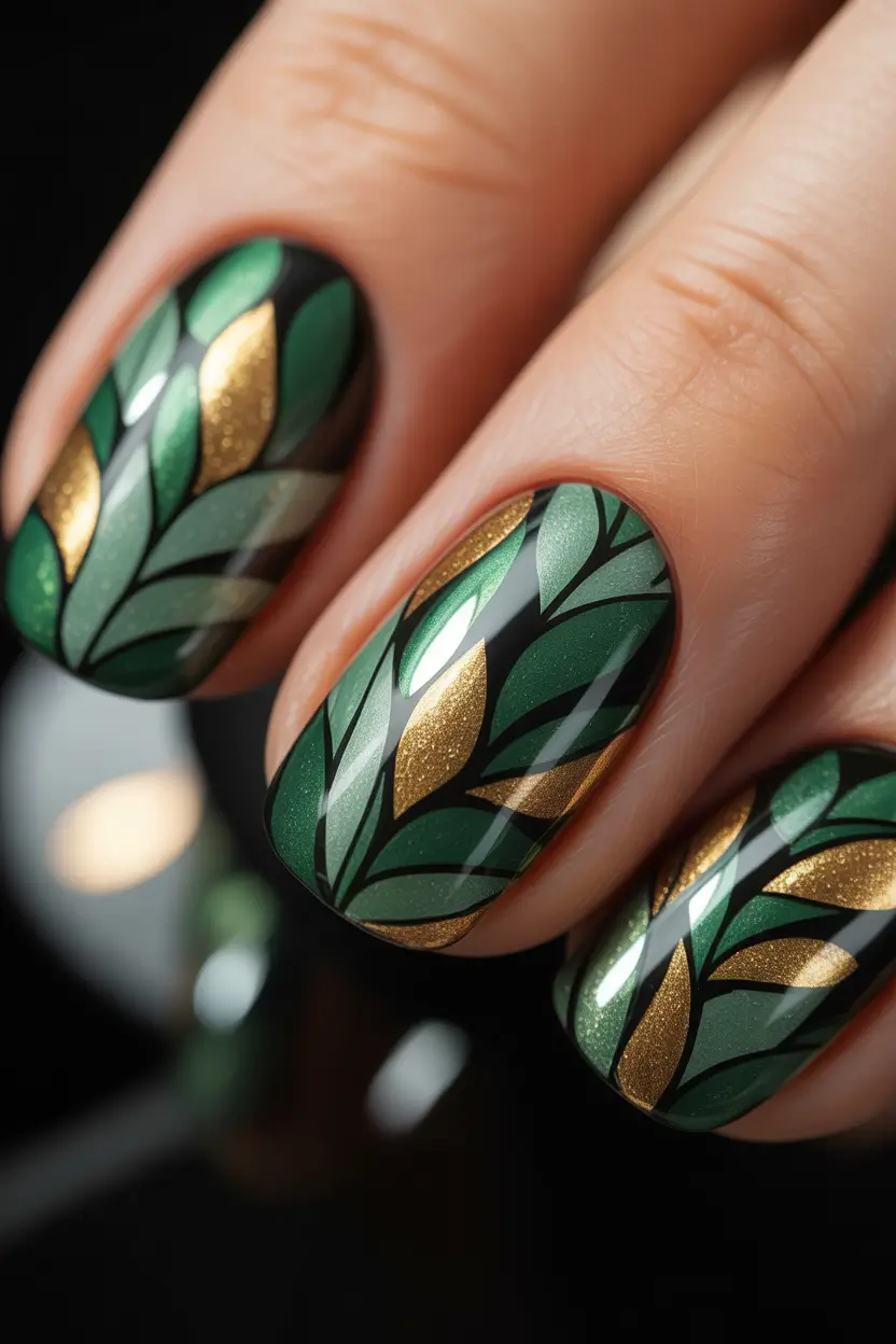 fall green nails Emerald and Gold Leaf Mosaic