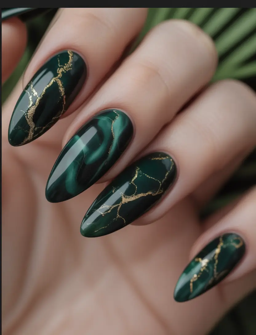 fall green nails Malachite Marble with Gold Veining