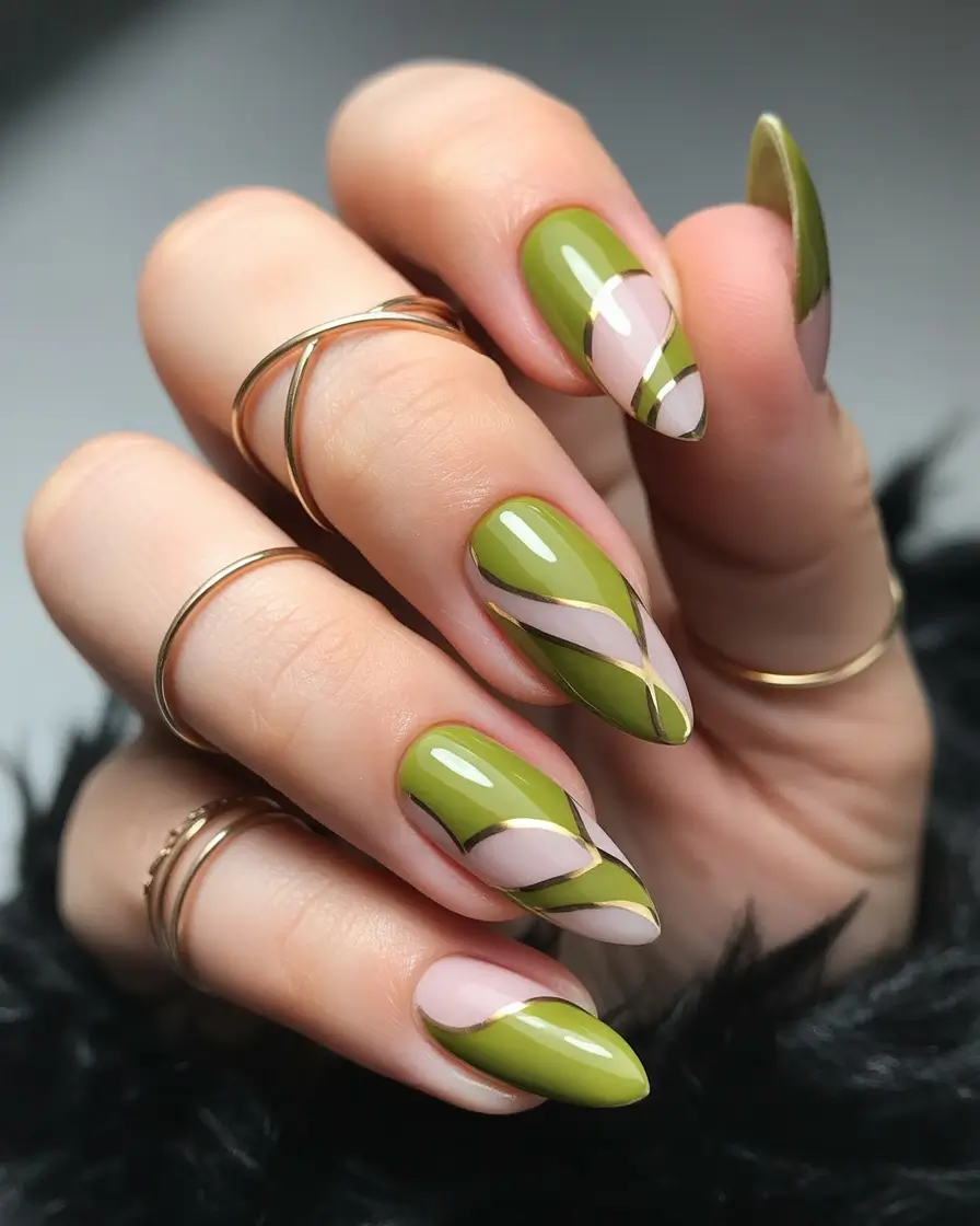 fall green nails Olive and Nude Waves with Gold Outlines