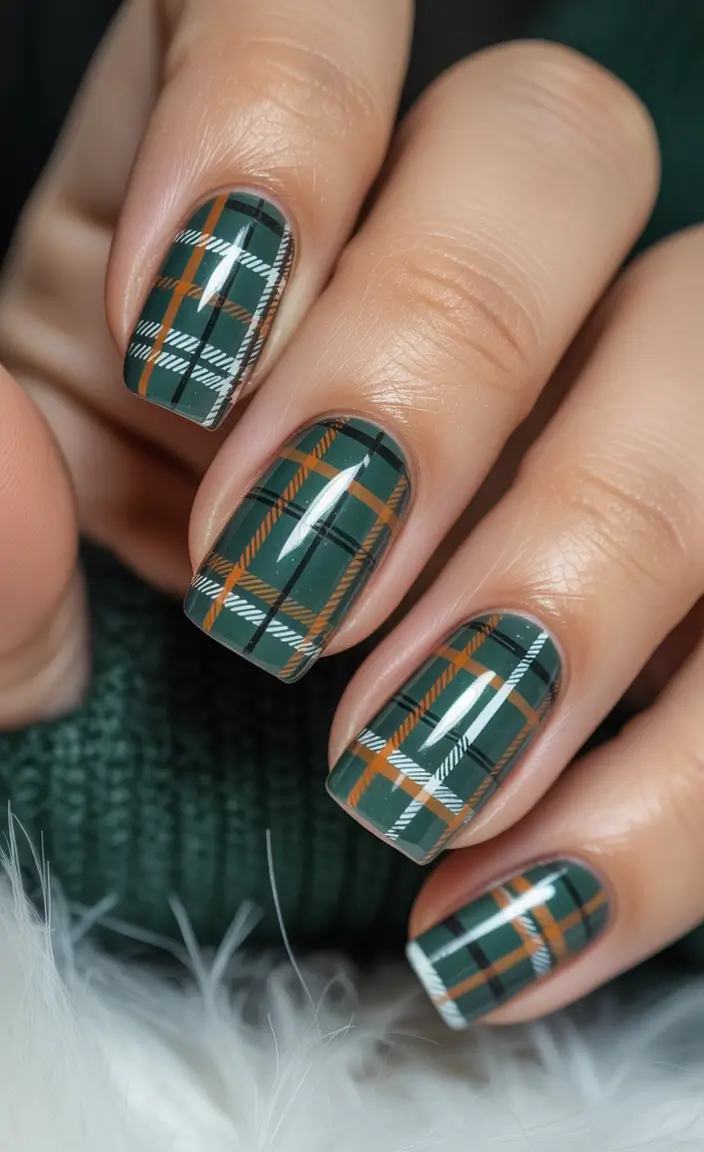 fall green nails Dark Green Tartan Plaid